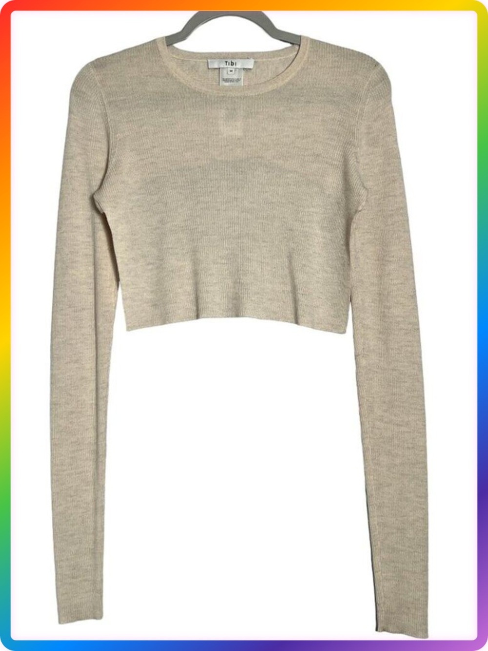 TIBI Merino Wool Cropped Sweater Womens M Cream Beige High Low Crew Neck